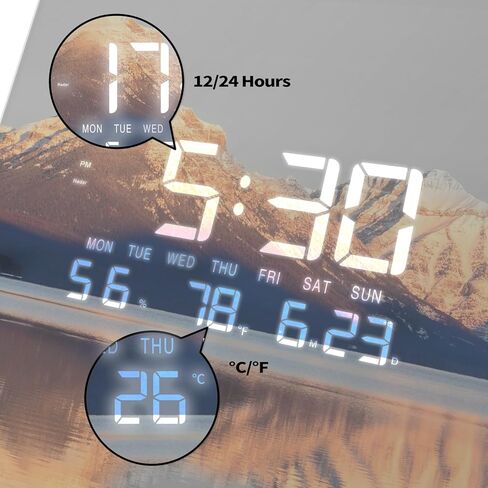 Digital Wall Clock with Temperature Day Sunrise Lake with Display Modern LED Wall Clock Atomic Simple Alarm Clock for Bedroom Garage Living Room Decorative 12 Inch in Kuwait