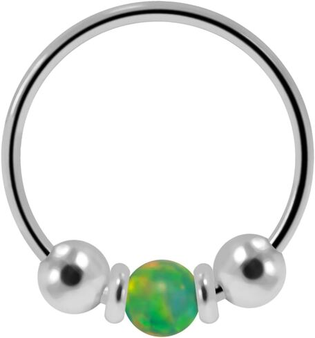 Opal Bead Center in Double Silver Ball 925 Sterling Silver 22 Gauge (0.6mm) Hoop Nose Ring - Cartilage - Daith - Rook - Lobe - Conch Piercing Body Jewelry in Saudi Arabia