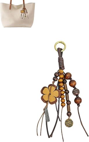 Natural Bodhi Wood Beaded Bag Keyring Hand-Woven Cowhide Lanyard with Wish Seeds Purse Charm Key Chain Pendant in Kuwait