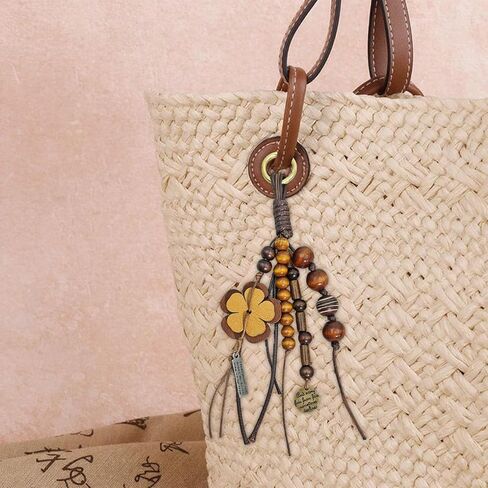 Natural Bodhi Wood Beaded Bag Keyring Hand-Woven Cowhide Lanyard with Wish Seeds Purse Charm Key Chain Pendant in Kuwait