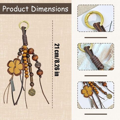 Natural Bodhi Wood Beaded Bag Keyring Hand-Woven Cowhide Lanyard with Wish Seeds Purse Charm Key Chain Pendant in Kuwait