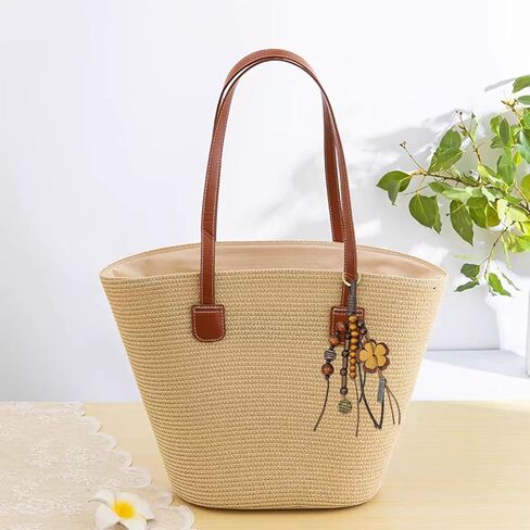 Natural Bodhi Wood Beaded Bag Keyring Hand-Woven Cowhide Lanyard with Wish Seeds Purse Charm Key Chain Pendant in Kuwait