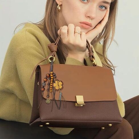 Natural Bodhi Wood Beaded Bag Keyring Hand-Woven Cowhide Lanyard with Wish Seeds Purse Charm Key Chain Pendant in Kuwait