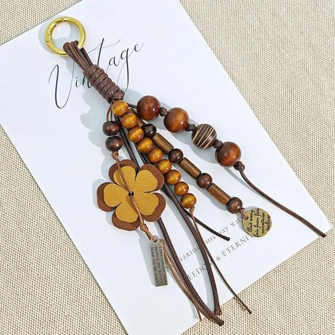 Natural Bodhi Wood Beaded Bag Keyring Hand-Woven Cowhide Lanyard with Wish Seeds Purse Charm Key Chain Pendant in Kuwait