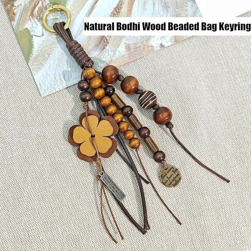 Natural Bodhi Wood Beaded Bag Keyring Hand-Woven Cowhide Lanyard with Wish Seeds Purse Charm Key Chain Pendant in Kuwait