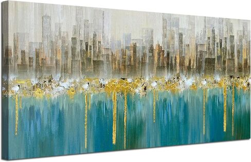 Ardemy البط البري مجردة سيتي سكيب قماش جدار الفن الحديث أفق الذهب محكم اللوحة، المباني الرمادية حجم كبير 40 "× 20" صورة الفيروز العمل الفني مؤطرة لغرفة المعيشة غرفة نوم المنزل مكتب جدار ديكور in Kuwait