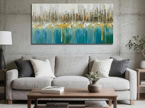 Ardemy البط البري مجردة سيتي سكيب قماش جدار الفن الحديث أفق الذهب محكم اللوحة، المباني الرمادية حجم كبير 40 "× 20" صورة الفيروز العمل الفني مؤطرة لغرفة المعيشة غرفة نوم المنزل مكتب جدار ديكور in Kuwait