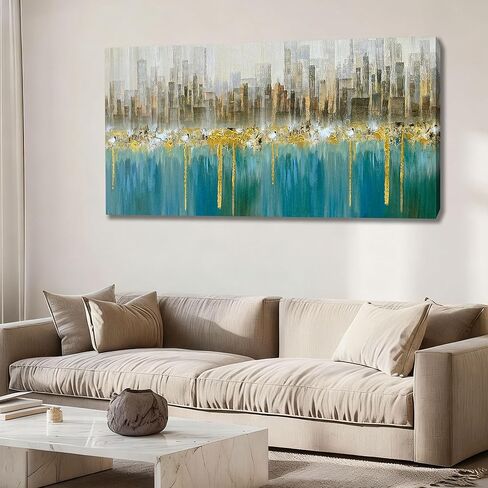 Ardemy البط البري مجردة سيتي سكيب قماش جدار الفن الحديث أفق الذهب محكم اللوحة، المباني الرمادية حجم كبير 40 "× 20" صورة الفيروز العمل الفني مؤطرة لغرفة المعيشة غرفة نوم المنزل مكتب جدار ديكور in Kuwait