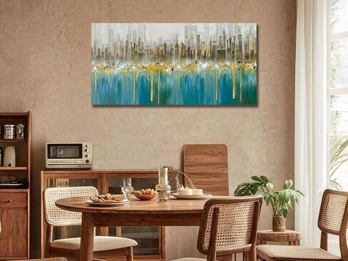 Ardemy البط البري مجردة سيتي سكيب قماش جدار الفن الحديث أفق الذهب محكم اللوحة، المباني الرمادية حجم كبير 40 "× 20" صورة الفيروز العمل الفني مؤطرة لغرفة المعيشة غرفة نوم المنزل مكتب جدار ديكور in Kuwait