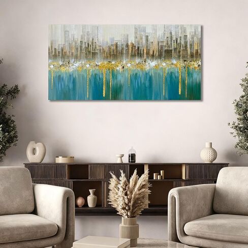 Ardemy البط البري مجردة سيتي سكيب قماش جدار الفن الحديث أفق الذهب محكم اللوحة، المباني الرمادية حجم كبير 40 "× 20" صورة الفيروز العمل الفني مؤطرة لغرفة المعيشة غرفة نوم المنزل مكتب جدار ديكور in Kuwait