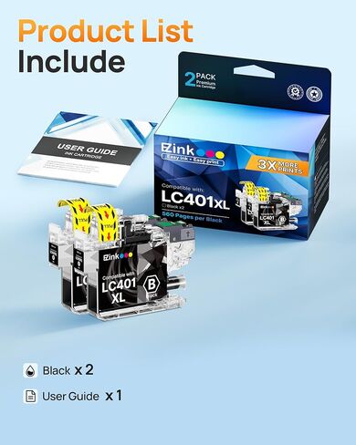 خراطيش حبر E-Z Ink LC401XL LC401 سوداء متوافقة مع Brother LC 401XL 401 XL LC 401 للاستخدام مع طابعات Brother MFC-J1010DW MFC-J1170DW MFC-J1012DW DCP-J1800DW (عبوة من قطعتين، إنتاجية عالية) in Kuwait