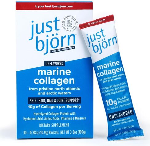 Just Bjorn Marine Collagen Peptide Powder on-The-go stick packs | Skin, Hair, Nail and Joint Support + Hyaluronic Acid, Vitamin C, Amino Acids | Collagen for Women and Men (10 Sticks per Pack) in Saudi Arabia