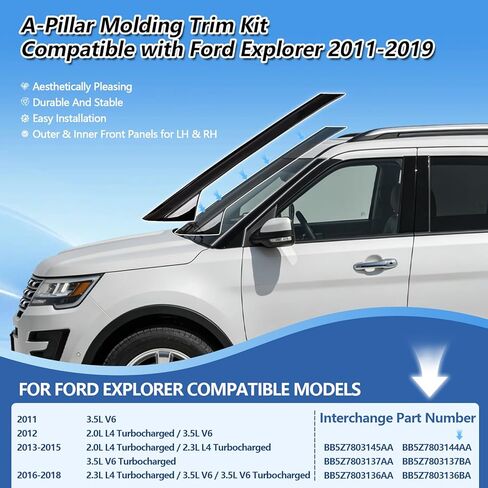 طقم حواف قولبة على شكل عمود متوافق مع Ford Explorer 2011-2019، ملحقات غطاء عمود الزجاج الأمامي لنافذة الباب، الجزء الخارجي والداخلي من الجانب الأيسر والأيمن وشريط لوحة زخرفة عمود in Kuwait