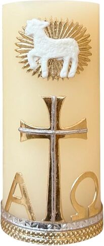 Angelitos de Mexico Religious Paschal Alpha Omega Gold-Tone Small Candle, 4.7 x 2 inches, Catholic Prayer Candle with Lamb and Cross Design in Saudi Arabia