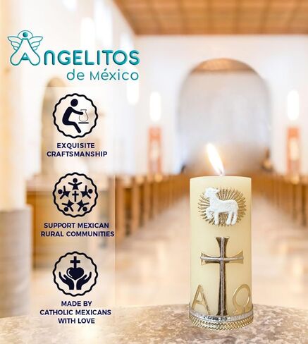 Angelitos de Mexico Religious Paschal Alpha Omega Gold-Tone Small Candle, 4.7 x 2 inches, Catholic Prayer Candle with Lamb and Cross Design in Saudi Arabia