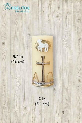 Angelitos de Mexico Religious Paschal Alpha Omega Gold-Tone Small Candle, 4.7 x 2 inches, Catholic Prayer Candle with Lamb and Cross Design in Saudi Arabia