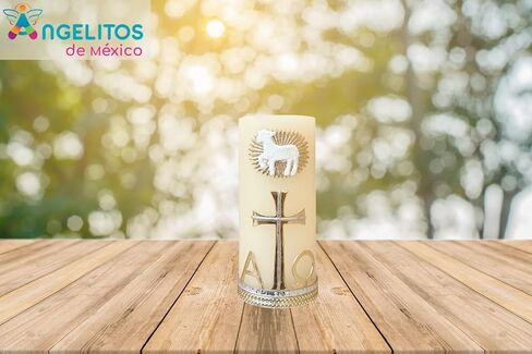 Angelitos de Mexico Religious Paschal Alpha Omega Gold-Tone Small Candle, 4.7 x 2 inches, Catholic Prayer Candle with Lamb and Cross Design in Saudi Arabia