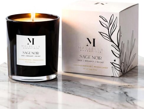 Sage Noire Luxury Scented Candle for Women & Men | 8.5 oz Hand-Poured Coconut Wax Blend | Modern Self-Care Aromatherapy Candle | 50 Hr Burn | Gift-Ready Glossy Glass Vessel in Kuwait