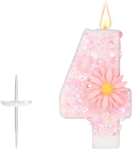 Pink Number Birthday Candle, 2.8in Glittery Cute Daisy Flower Sparkling Number Candle Cake Topper Decoration Ideal for Girls Birthday Party Baby Shower & (7) in Saudi Arabia