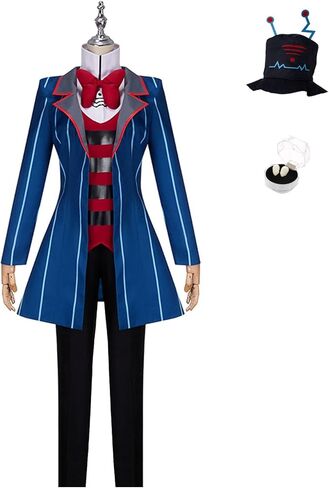 SHIKI Unisex Men Anime Hotel Vox Cosplay Costume Blue Striped Suit Uniform Jacket Coat Pants Hat Gloves Halloween Outfit in Kuwait