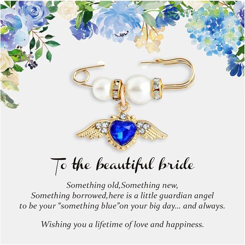 شيء أزرق هدية للعروس - أجنحة الملاك الباروكية قلادة على شكل قلب أزرق باقة الزفاف، هدايا الزفاف المسيحية وهدايا دش الزفاف من صديق الأم والأخت، دبوس يمكن ربطه بسهولة بالباقة والفستان in Kuwait