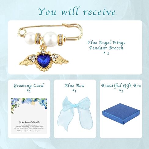 شيء أزرق هدية للعروس - أجنحة الملاك الباروكية قلادة على شكل قلب أزرق باقة الزفاف، هدايا الزفاف المسيحية وهدايا دش الزفاف من صديق الأم والأخت، دبوس يمكن ربطه بسهولة بالباقة والفستان in Kuwait