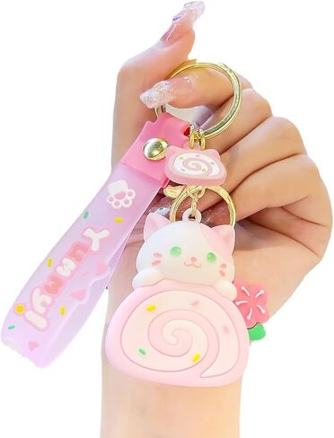Girls Women Beautiful Lovely Cute Holding Cake Roll Roast Cat Keychain Key Ring Key Chain Gift for lovers in Saudi Arabia