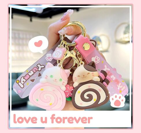 Girls Women Beautiful Lovely Cute Holding Cake Roll Roast Cat Keychain Key Ring Key Chain Gift for lovers in Saudi Arabia