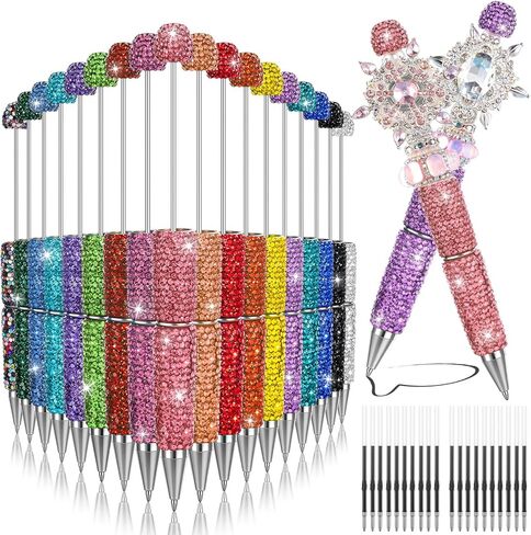 Glitter Beadable Pens, 38Pcs Full Rhinestone Fancy Pens for Beads, Diamond Beaded Pen Kit for DIY Craft Making Christmas Birthday Favor(Multicolor) in Kuwait
