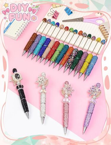 Glitter Beadable Pens, 38Pcs Full Rhinestone Fancy Pens for Beads, Diamond Beaded Pen Kit for DIY Craft Making Christmas Birthday Favor(Multicolor) in Kuwait