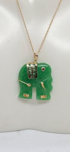 GREEN Jade Elephant Ruby Eye 14K Yellow Gold Pendant. 18" Rope Chain 14K Yellow Gold Green Jade Elephant Necklace. Lucky Green Jade Elephant LOVER. in Saudi Arabia