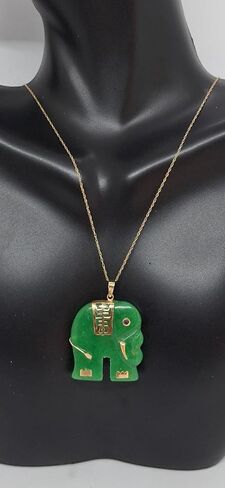 GREEN Jade Elephant Ruby Eye 14K Yellow Gold Pendant. 18" Rope Chain 14K Yellow Gold Green Jade Elephant Necklace. Lucky Green Jade Elephant LOVER. in Saudi Arabia