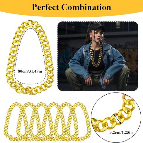 سلسلة ذهبية وهمية كبيرة، 6 قطع سلسلة ذهبية وهمية للرجال، سلاسل قلادة مكتنزة، سلاسل مغني الراب من سبيكة للرجال، مجوهرات تنكرية لحفلات الهيب هوب والهالوين، مجوهرات الهيب هوب مقاس 32 بوصة في التسعينيات in Kuwait