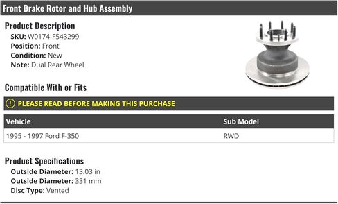 Front Brake Rotor and Hub Assembly - Vented Rotor - Compatible with 1995-1997 Ford F-350 RWD Dual Rear Wheel in Saudi Arabia
