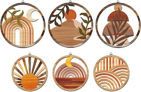 twinklemon 6 قطع بوهو جدار ديكور خشبي جولة جدار ديكور الجوف التدريجي شنقا جدار الفن مزرعة هندسية الجدار شنقا 10 '' و 8 '' البوهيمي مجردة القمر والشمس الخشب علامة لغرفة المعيشة غرفة نوم in Kuwait