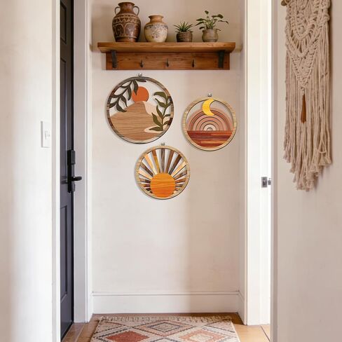 twinklemon 6 قطع بوهو جدار ديكور خشبي جولة جدار ديكور الجوف التدريجي شنقا جدار الفن مزرعة هندسية الجدار شنقا 10 '' و 8 '' البوهيمي مجردة القمر والشمس الخشب علامة لغرفة المعيشة غرفة نوم in Kuwait