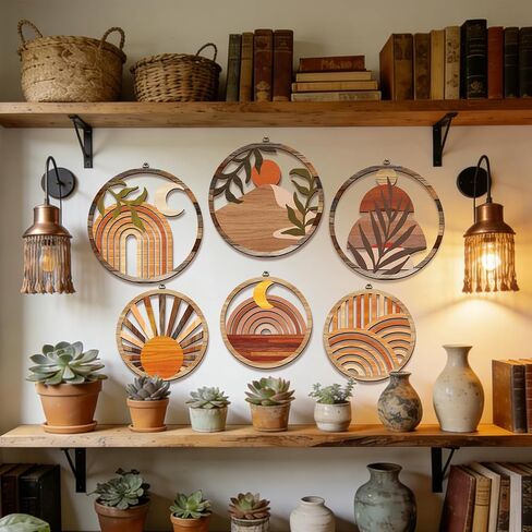 twinklemon 6 قطع بوهو جدار ديكور خشبي جولة جدار ديكور الجوف التدريجي شنقا جدار الفن مزرعة هندسية الجدار شنقا 10 '' و 8 '' البوهيمي مجردة القمر والشمس الخشب علامة لغرفة المعيشة غرفة نوم in Kuwait