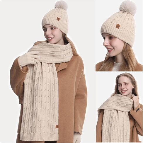 Women's Beanie Hat Scarf Gloves Set Winter Knit Warm Hat, Long Soft Scarf & Touchscreen Gloves for Cold Weather for Outdoor in Saudi Arabia