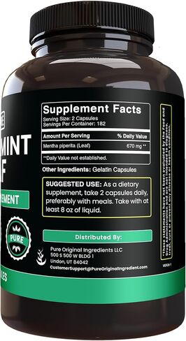PURE ORIGINAL INGREDIENTS Peppermint Leaf (365 Capsules) No Magnesium Or Rice Fillers, Always Pure, Lab Verified in Saudi Arabia