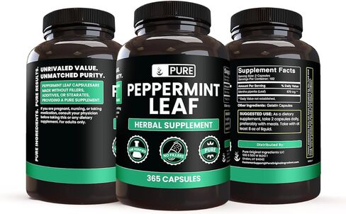 PURE ORIGINAL INGREDIENTS Peppermint Leaf (365 Capsules) No Magnesium Or Rice Fillers, Always Pure, Lab Verified in Saudi Arabia