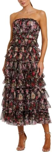 Black Multi Floral Ruffle A-Line Midi Dress by Mac Duggal in Saudi Arabia