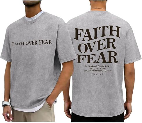 Tuislay Faith Over Fear Shirt Men Jesus Christian Shirts Oversized Graphic Tshirts God Religious Bible Verse T-Shirts Clothes in Kuwait