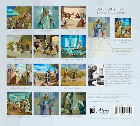 Altus Fine Art 2026 تقويم الحائط المسيحي، المشي معه بواسطة Jorge Cocco، فن يسوع المسيح الحديث المستوحى من التكعيبية، 13.25x24 بوصة، آيات الكتاب المقدس، Altus Fine Art in Saudi Arabia