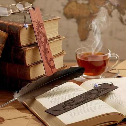 Dragon Wooden Bookmark Gifts - 2 Pcs Fantasy Fourth Bookmarks for Men Book Lovers Novel Fans Adults Kids Cool Wing Page Markers School Reading Accessories Bookish Gift for Birthday Graduation in Kuwait