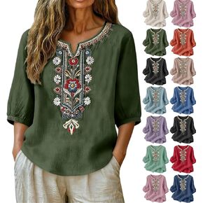 Womens Summer Tops Cotton Linen 3/4 Sleeve V Neck Embroidered Boho Shirts Dressy Casual Fashion Beach Vacation Clothes in Kuwait