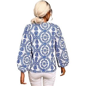 Women's Sky Blue Vintage Geometric Print Puff Sleeve Slit V Neck Shirt in Kuwait