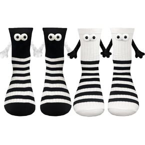 2 Pairs Magnetic Holding Hands Socks Funny Gifts For Couples, Anniversary, Best Friends, Engagements Black White Stripe Cotton Hand Holding Cute Socks Novelty Birthday Gifts for Men Women in Kuwait