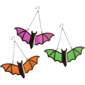 Halloween Bat Decoration​ - 3 Pack Metal & Glass Outdoor/Indoor Bat Decor with 13"x5.7" Realistic Bats in Green, Purple, Orange for Garden, Yard, Wall - Waterproof Scary Party Supplies in Saudi Arabia