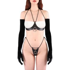Women Sexy Leather Lingerie Set with O Ring, Body Harness Belt Gothic Punk Adjustable Bra Thong Panty Underwear Set for Ladies, BDSM SM Cosplay Costume Clubwear Masquerade Party Accessories in Kuwait