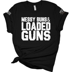 Womens Patriot Pride Tshirt Messy Buns and Loaded Guns Patriotic Short Sleeve T-Shirt in Kuwait